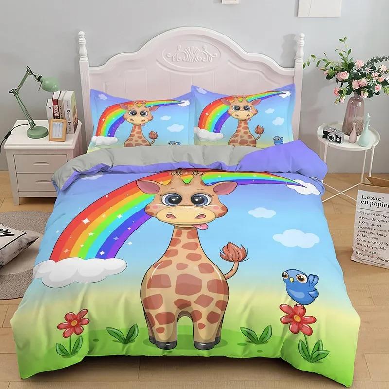 Cartoon Giraffe Duvet Cover King Queen Tropical Animals Bedding Set for Kids Boys Girls Lovely Wildlife Polyester Quilt Cover