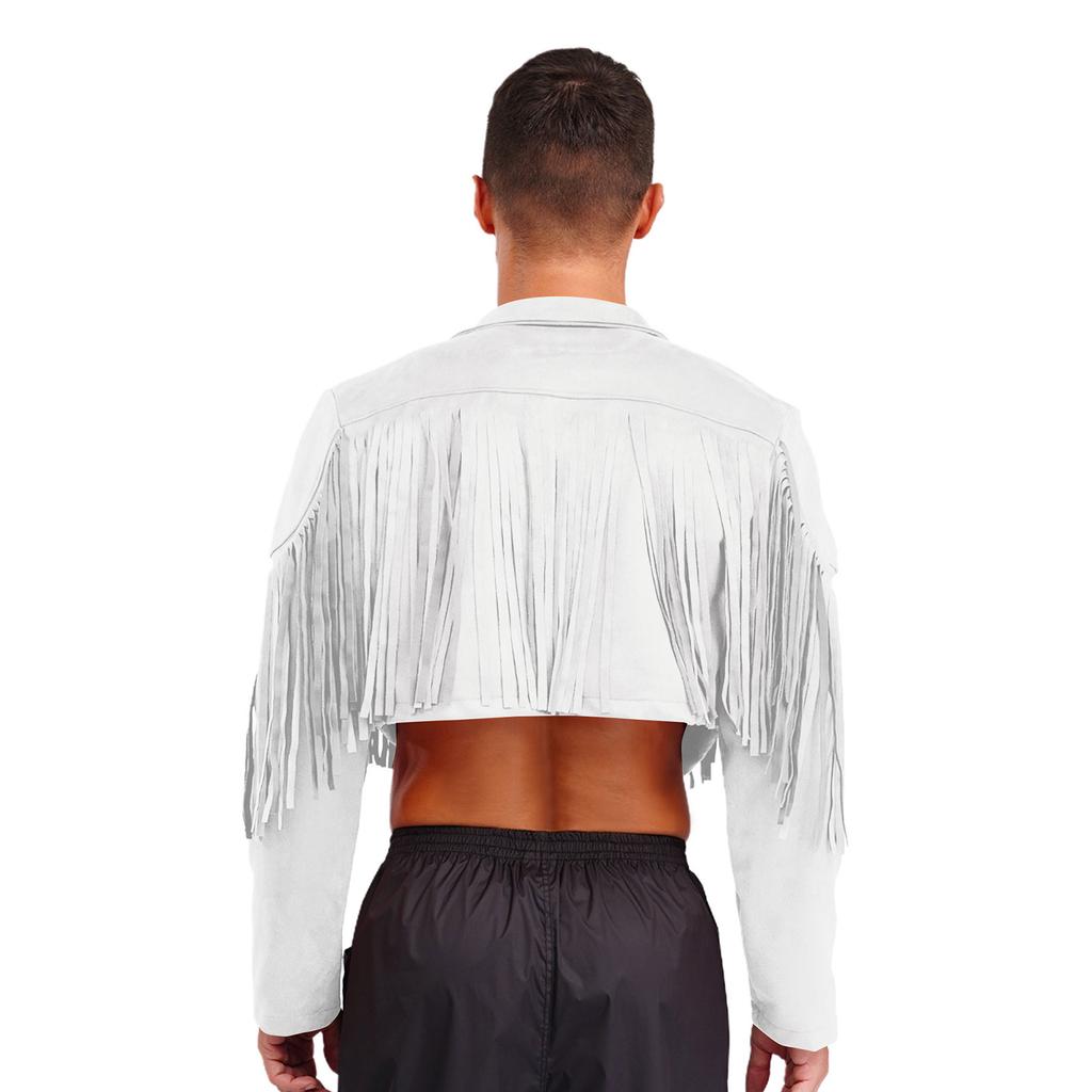 Herren Fransen Wildlederimitat Jacke Cropped Design Reverskragen Langarm Offene Vorderseite Strickjacke 80er Hippie Cowboy Stil