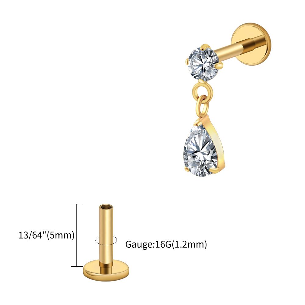 Right Grand ASTM F136 Titanium 16G Teardrop Dangle CZ Labret Stud Waterdrop Tragus Cartilage Earring Flatback Helix Piercing