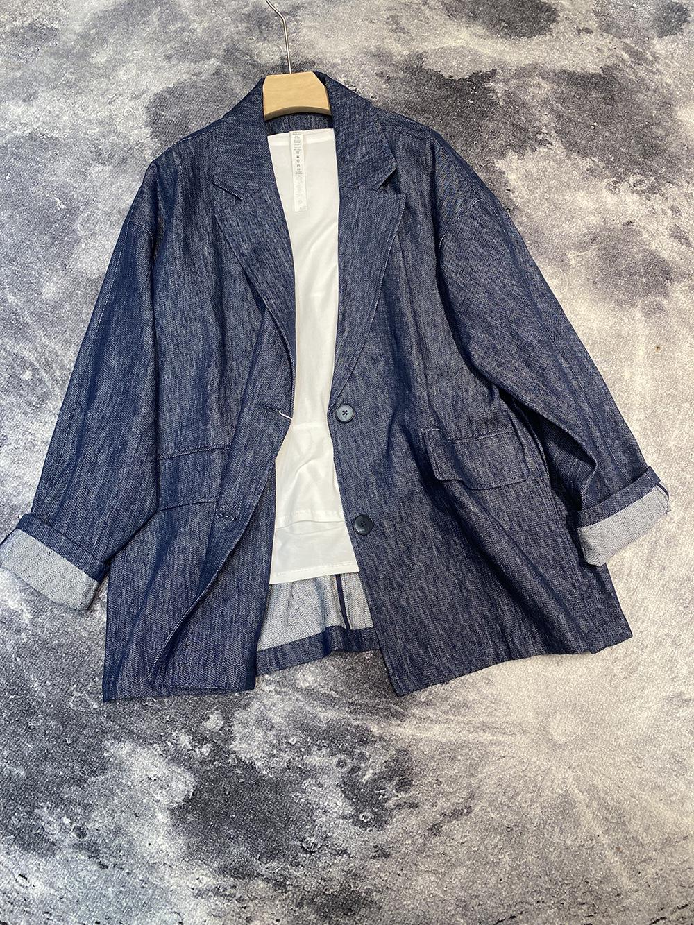 

Yi Lu Cotton Linen Twill Notch Lapel Denim Blazer H33032 One Size M джинсовий синього кольору
