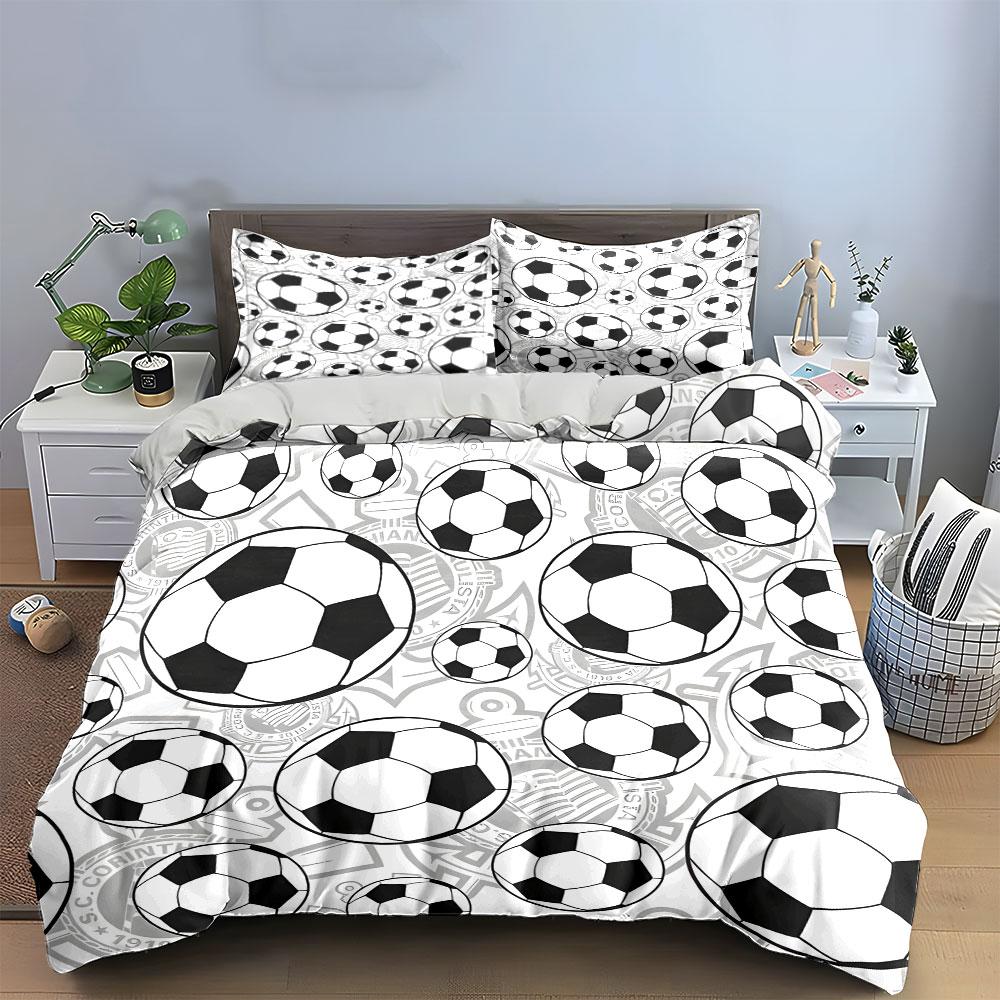 3Pcs Soccer Ball Bedding Set, Black And White Football Pattern Print Duvet Cover + 2 Pillowcases, Sports Fan Bedroom Decor
