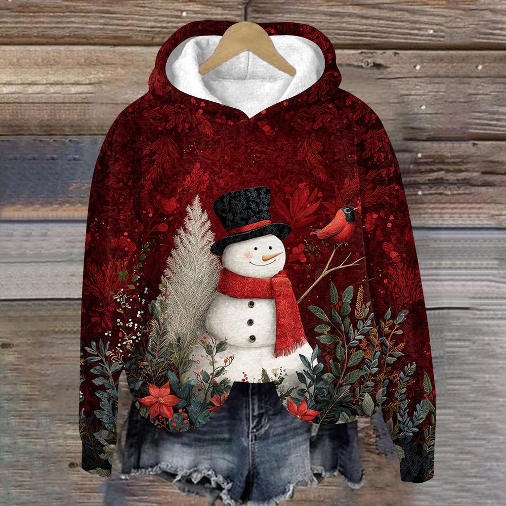 Women's Fashion Long Sleeve Christmas Print Loose Hooded Sweatshirt Top