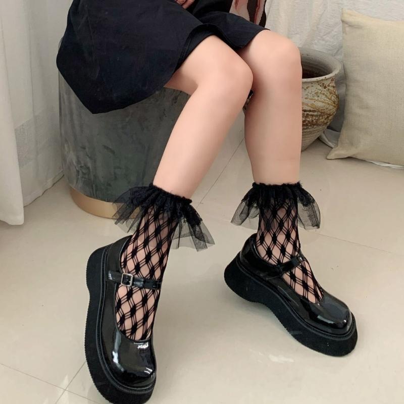 Black Mesh Socks For Women Elegant Ruffle Frilly Dress Socks Hollowout Fishnet Rhombus Patterned Ankle Socks Hosiery