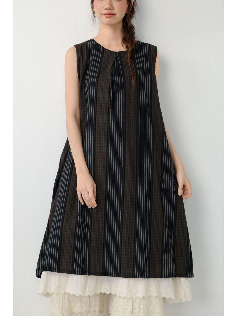 Spring-Summer Retro Jacquard Plaid Stripe Double-Layered Loose Sleeveless Vest Dress