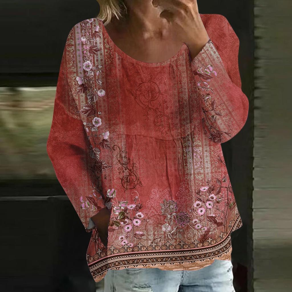 Dámské ležérní módní volné tričko s kulatým výstřihem a retro potiskem a dlouhým rukávem