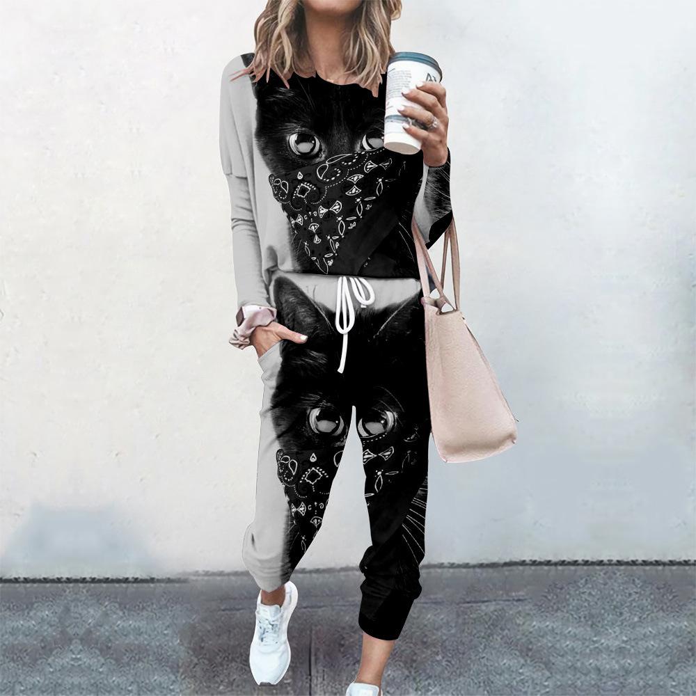 High-End Fashion Sports Sweater Set Women'S Autumn Loose Casual Long-Sleeved Printed Top Bundle Leg Pants Two-Piece Set