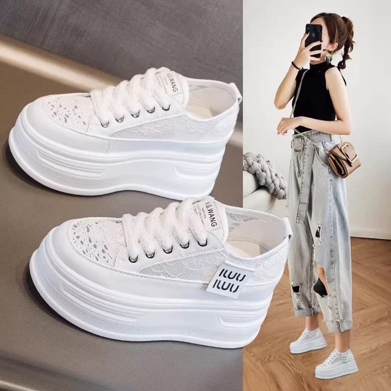 Muffin Net Shoes Women's Mesh Surface Hollowed Out, Light and Thin Autumn New Thick-soled Lace Inner Height Increase Women