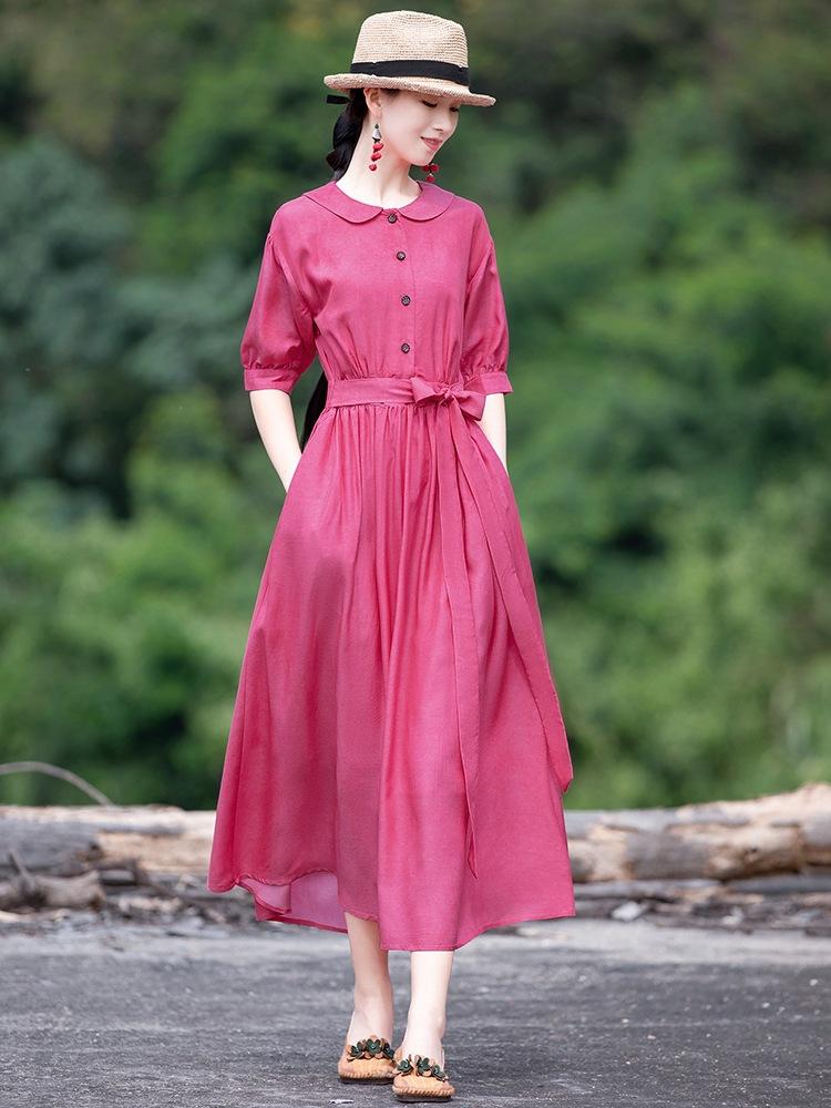 

Платье из хлопка и льна однотонное с завязкой на талии для женского весенне-летнего сезона 2025, с новым лацканом и рукавом три четверти, темпераментная длинная юбка M красный