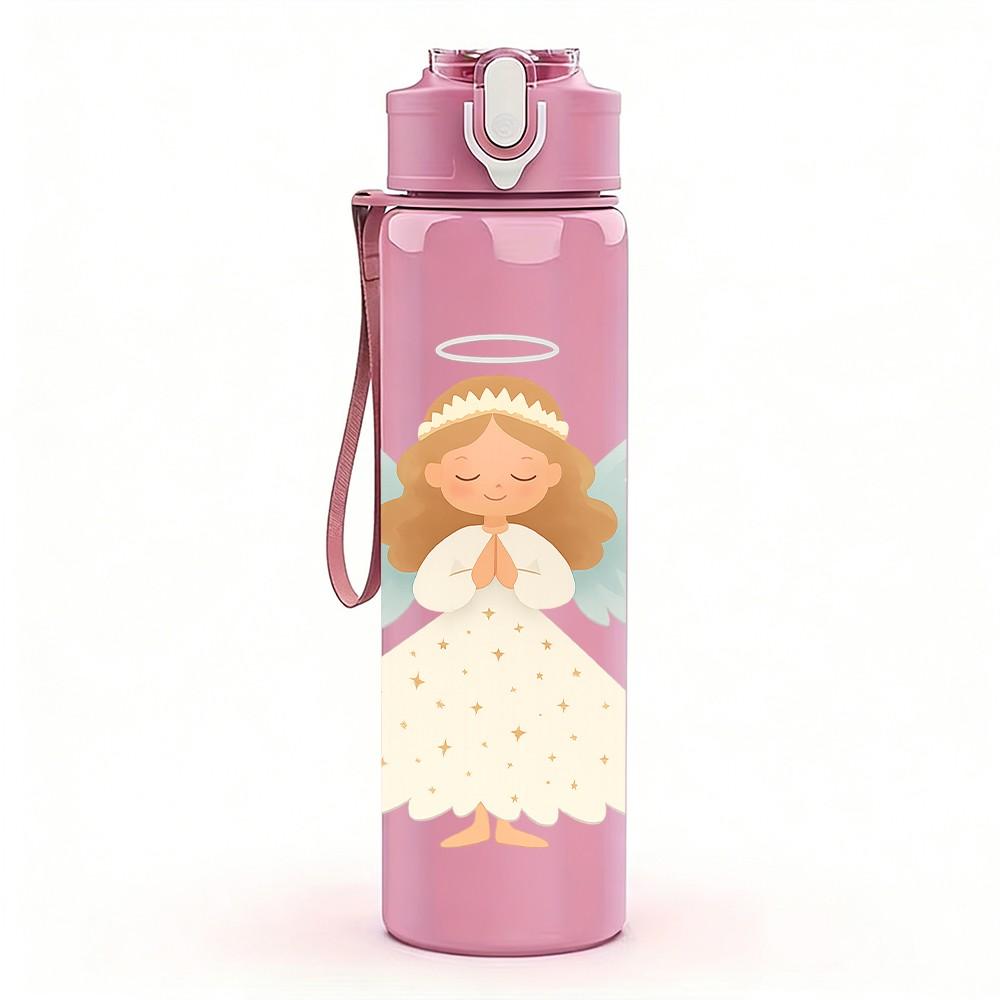 1PC White Angel Wings Figure 750ml Color Plastic Sports Water Bottle Leakproof Flip Straw Lid Suitable for Sports Office Home Use