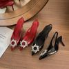 Fashion Ladies Shoes 2025 New Summer Pointed Toe Shallow Women's Sandals Classics Slip on Thin Heel Crystal Fashion Dress Heeled Sandals