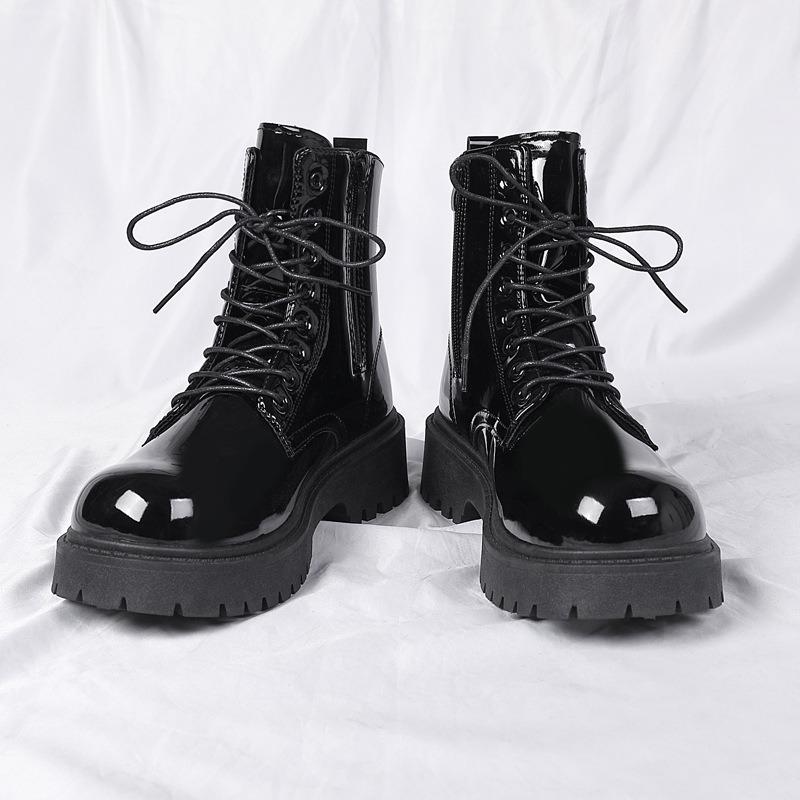 Fashion 2025 New Men Black Patent Leather British Style Motorcycle Boot Couple Outdoors High Top Leather Waterproof Casual Leather Boots