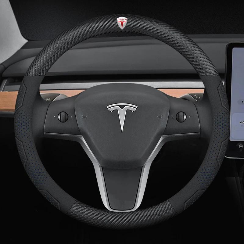 Carbon Fiber Car Steering Wheel Cover for Tesla Model 3 Model S Y X Roadster 2019-2025 Auto Interior Steering Wheel Accessories
