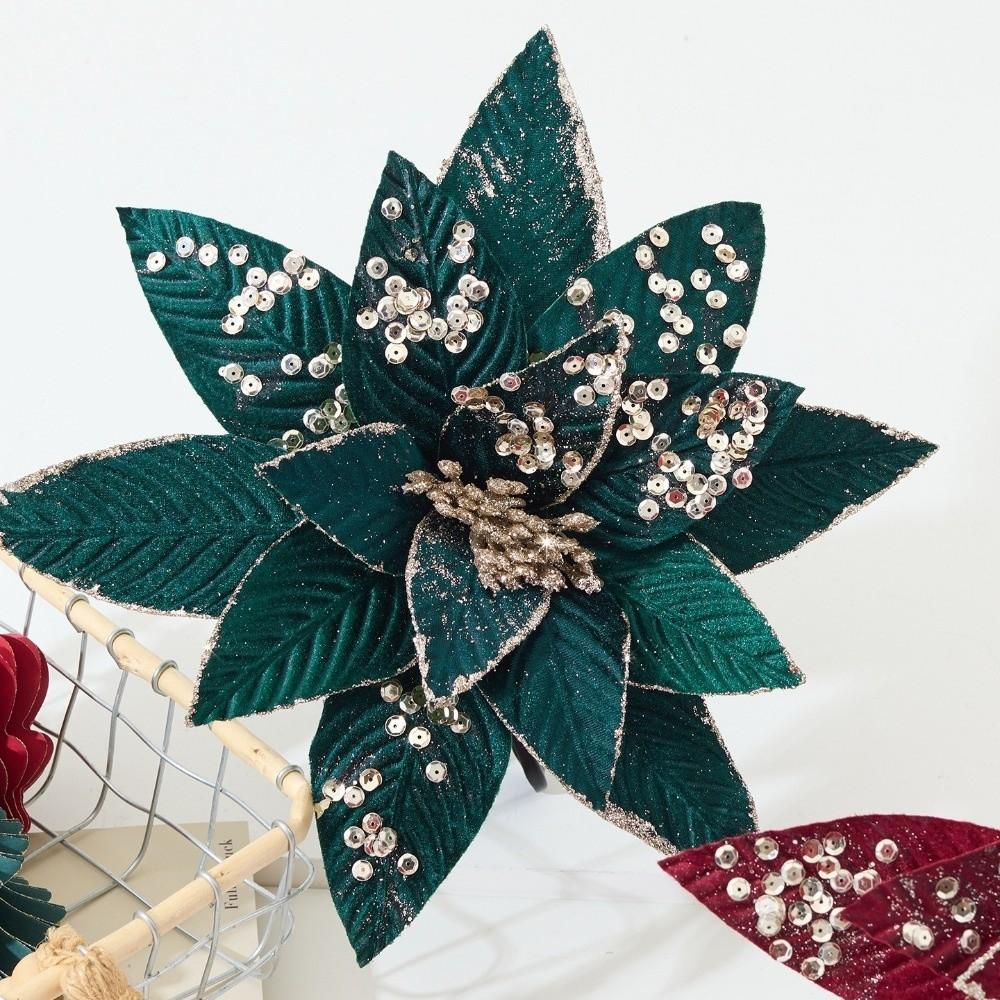 New 25CM Artificial Poinsettia Flower Sequins Glitter Simulation Flowers Sparkling Christmas Glitter Flower New Year Festival