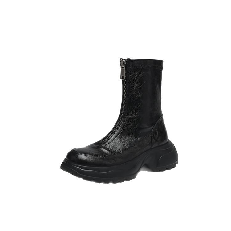 Dicksohlige dünne Martin-Stiefel Kinderleder 2025 neue vielseitige britische Spleiß-Kurzstiefel Frontreißverschluss dicke Absätze