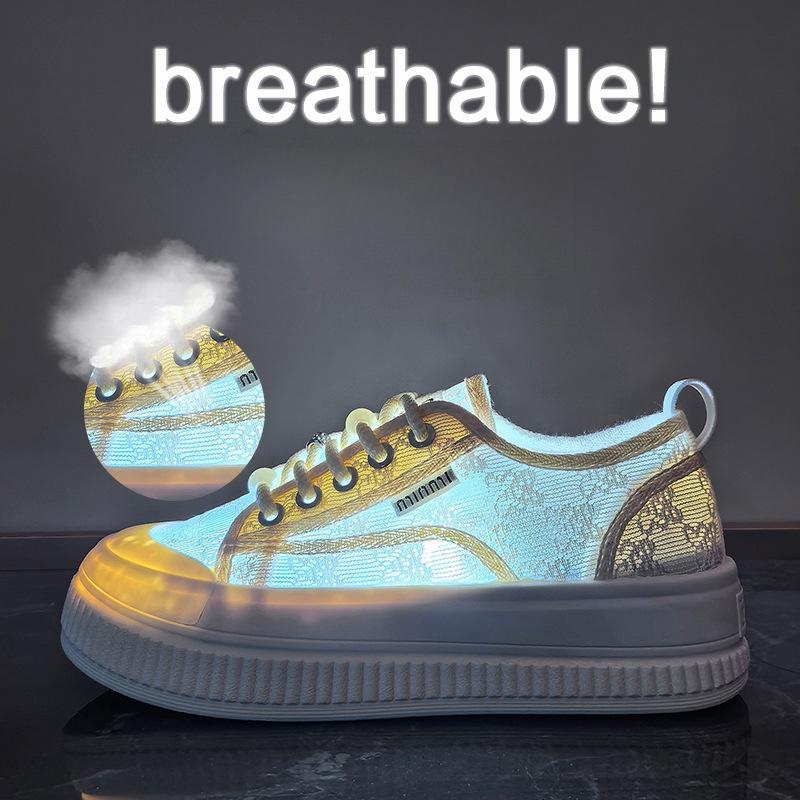 Nové letní bílé boty pro studentky, silná podrážka, zvýšené, síťované, prodyšné, ležérní, streetový styl