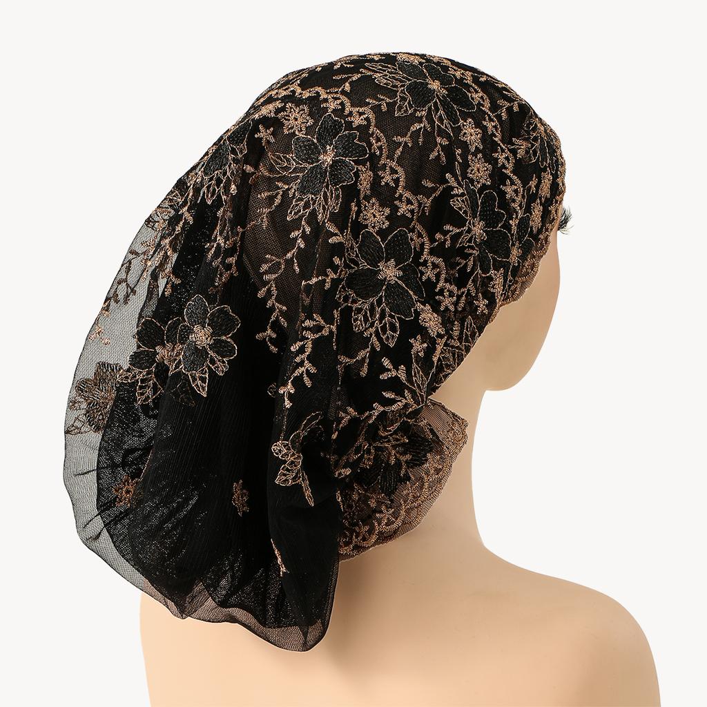 Floral Embroidery Lace Hat Caps Woman Muslim Hijabs Luxury Breathable Headscarf Islam Turban Hats Dubai Arabic Worship Hat