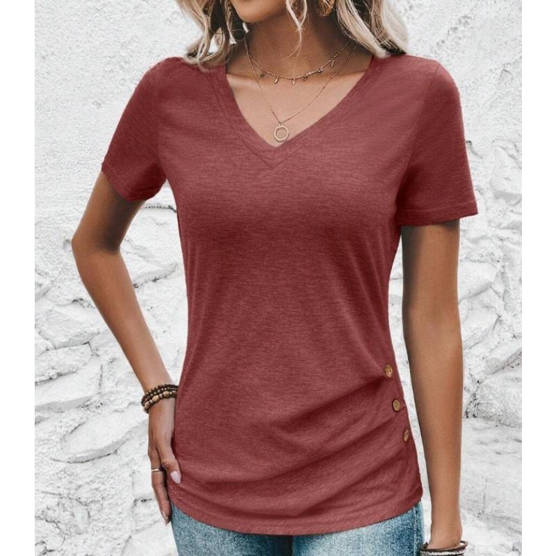 

Весенне-летние женские футболки премиум-класса облегающего кроя, однотонные, повседневные, с V-образным вырезом, с коротким рукавом и застежкой на пуговицы XL кирпич красный