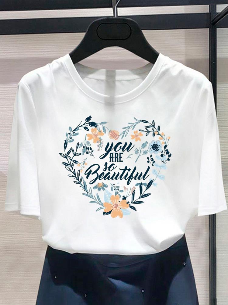 (Asian Size) Lovely Flower Trend Women's Top Print O-neck Casual T Fashion Female Clothing Graphic Tee Short Sleeve T-shirts