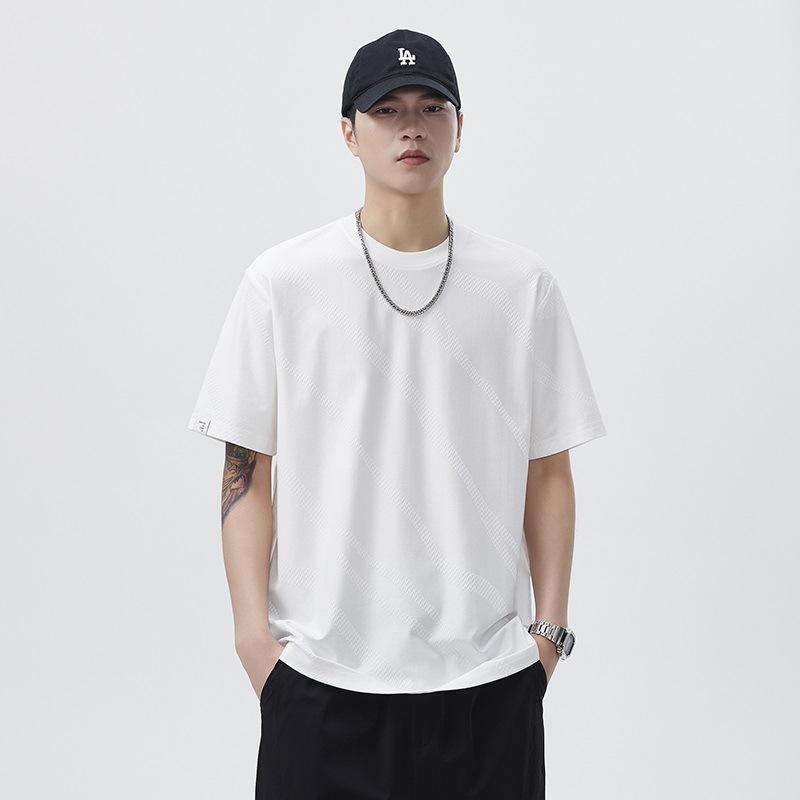 

New Japanese Cool 210G Loose Round Neck Trendy Texture Twill Flocked Jacquard T-shirt 4XL