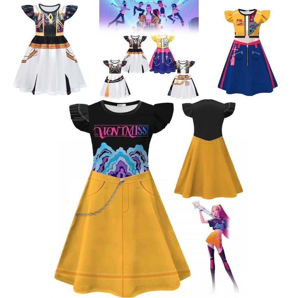 Kpop Demon Hunters Rumi Mira Zoey Child Cosplay Dress With Short Sleeves And Ruffled Hem For Summer Kids Party And Playtime