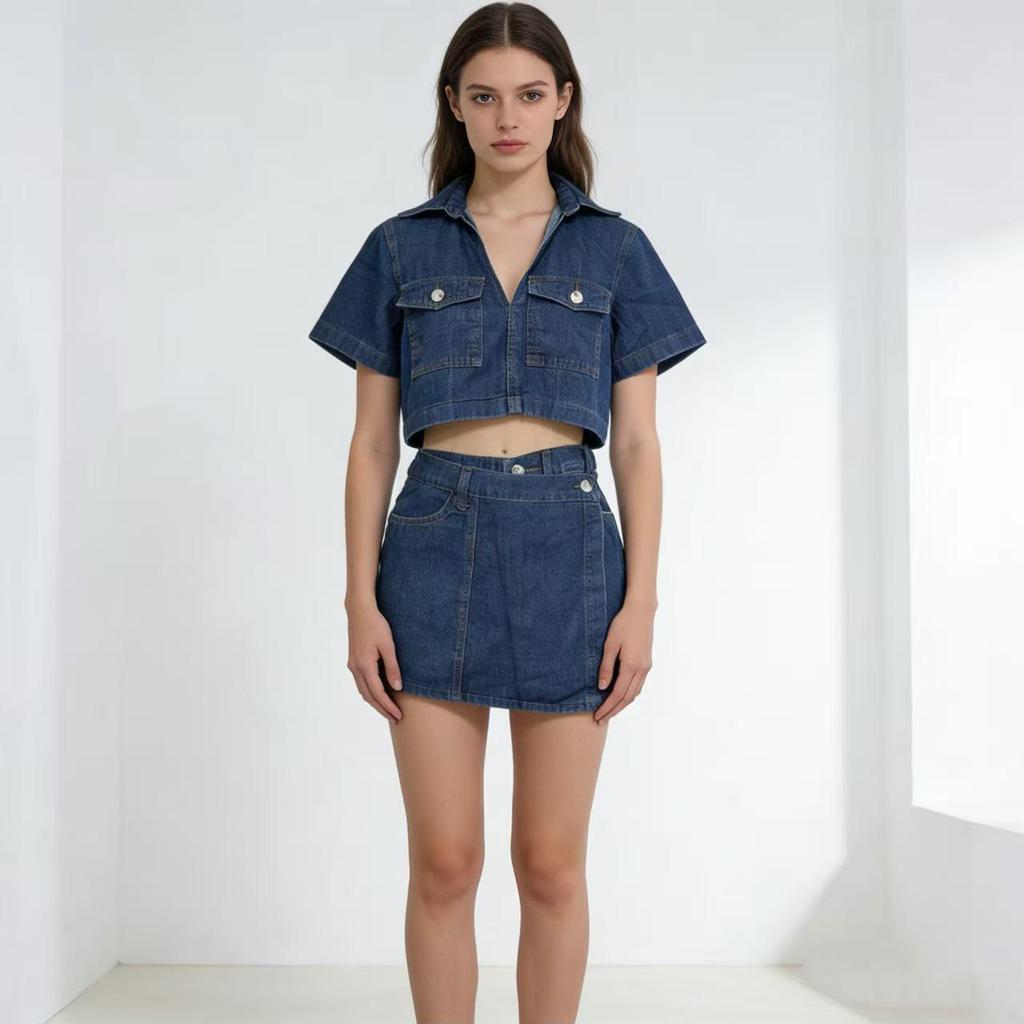 Women's Summer V-Neck Workwear Set: Denim Skirt-Pants with Short-Sleeve Top