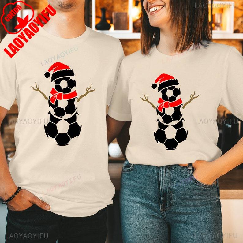 FOOTBALL SNOWUnisex Christmas Cotton TShirt Rudolph Reindeer Santa Hat Festival Gift Soccer Ball Costume Xmas Family Holiday Shirt