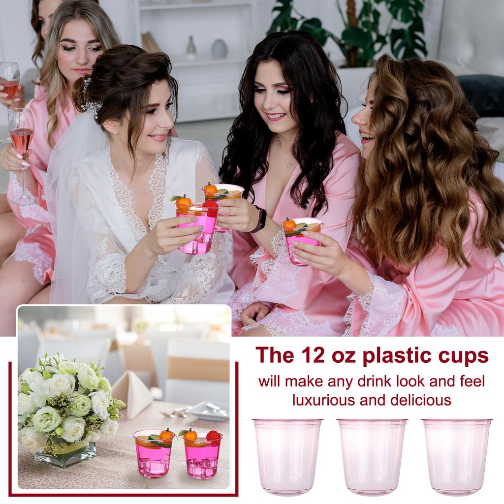 100 Adet 12Oz/360Ml Pembe Tek Kullanımlık Bardaklar Şeffaf Plastik Kokteyl Bardakları Tatlı Bardakları İçki Bardakları Pembe Parti Şarap Bardakları Düğün İçin