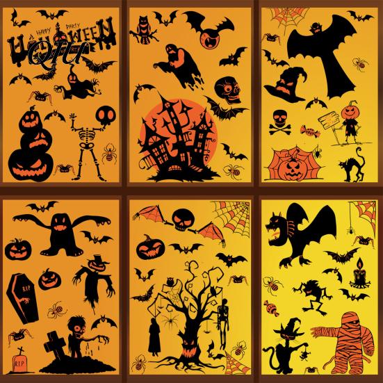 Bat And Spider Window Decals 9 Sheets Halloween Clings, Happy Pumpkins Witch Ghost Bats Castle Glass Stickers, PVC Waterproof for Home Classroom Party