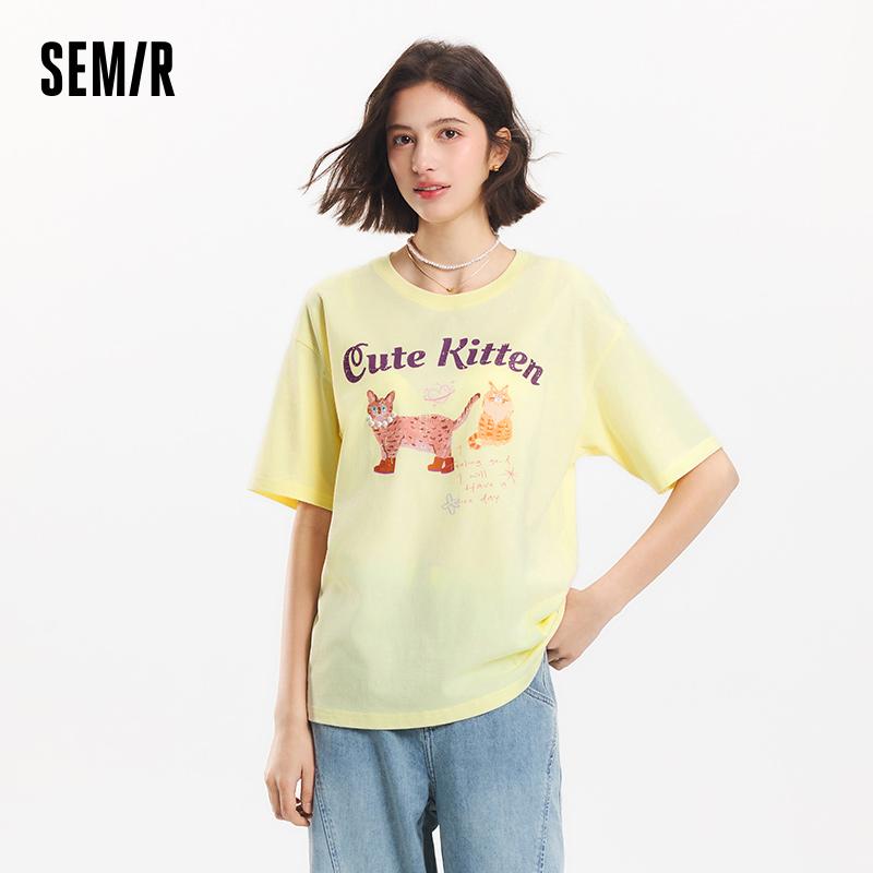 Semir Short Sleeve T-Shirt Women Mid-Length Pattern Cute Retro 2025 New Summer Moisture Wicking Loose Top Niche Style