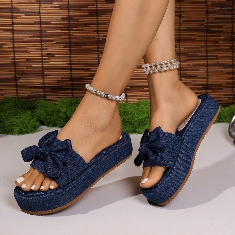 2025 summer new large size thick-bottomed muffin slippers women's outer wear bow word sandals Slippers