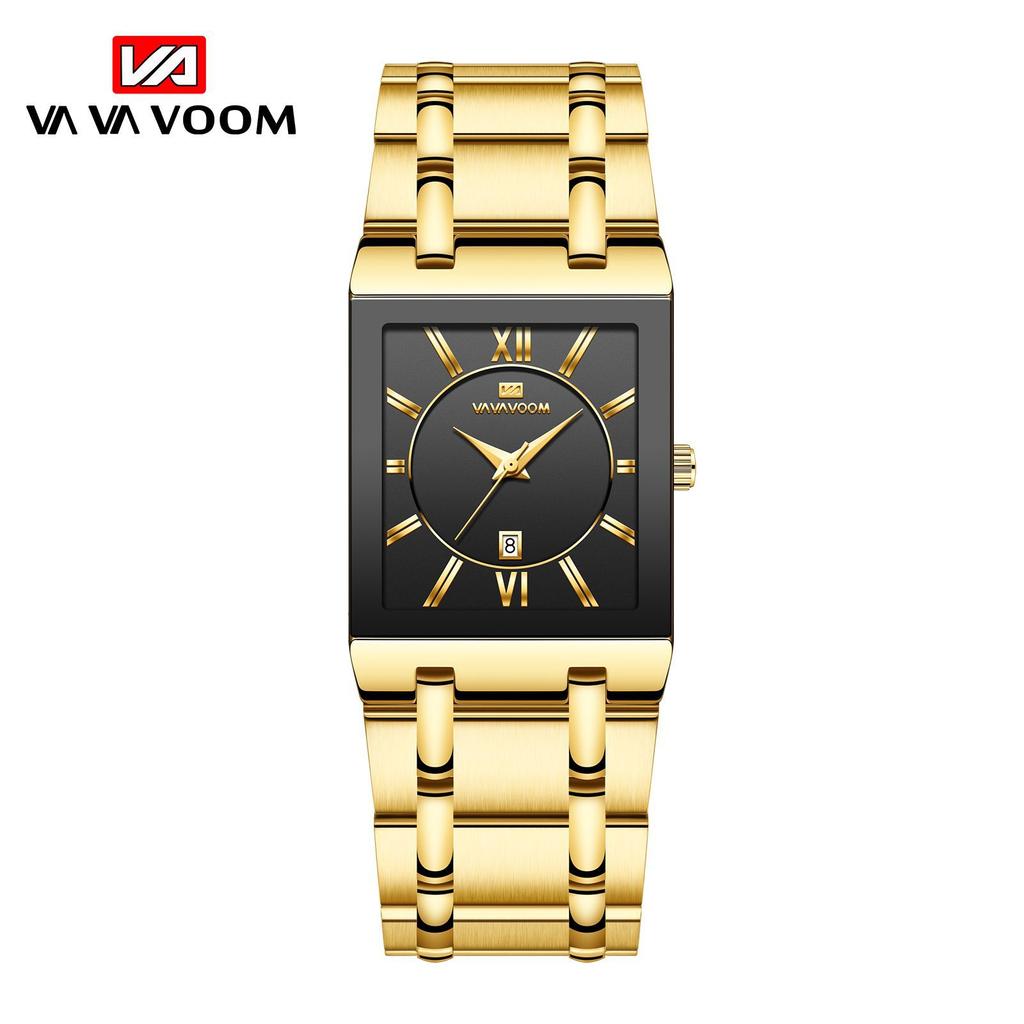 VA VA VOOM Rectangle Stainless Steel Men's Steel Strap Watch Gold Business Calendar Quartz Waterproof Watch Large Dial