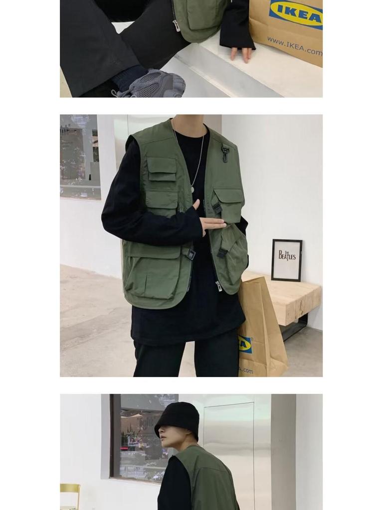 Men's Retro Multi-Pocket Workwear Vest: Spring/Autumn Thin Sleeveless Trendy Gilet