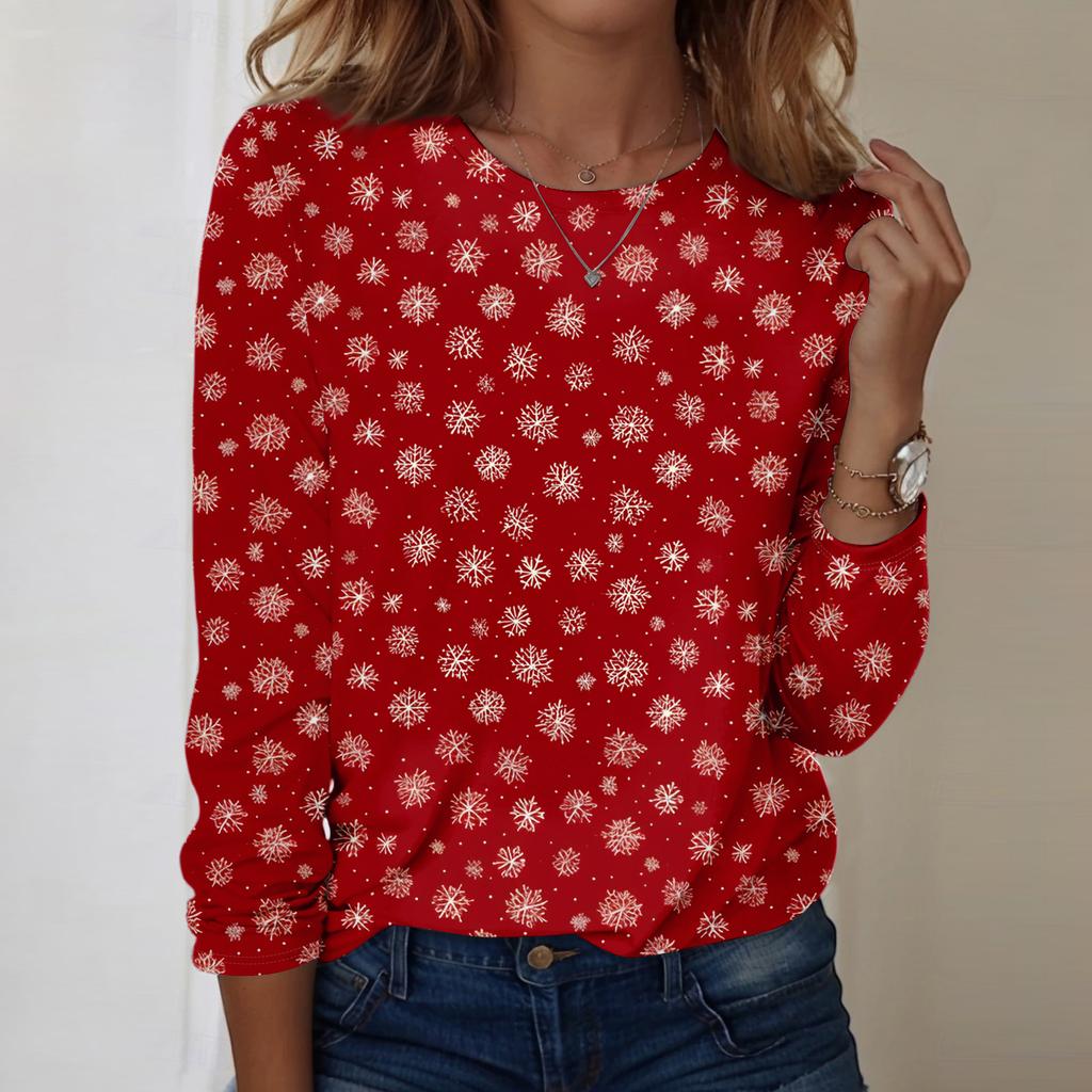 Women's Fashion Casual Long Sleeve Christmas Printed Round Neck Top