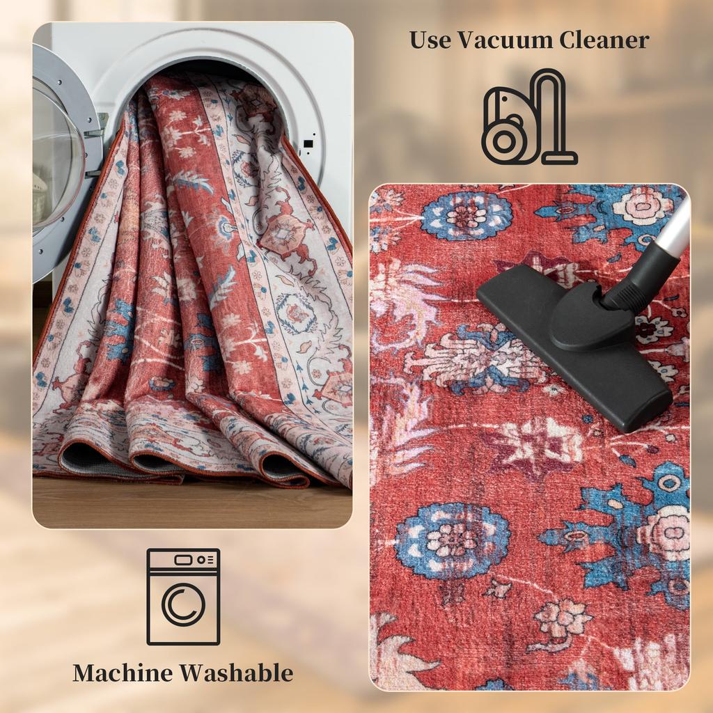 Vintage Bohe Washable Red Area Rug for Living Room, Bedroom, Office Ultra-thin Stain Resistant Indoor Low Pile Carpet