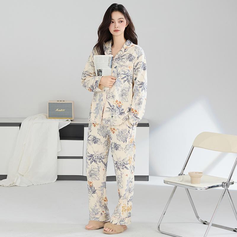 Big Size M-4XL Spring and Autumn Women Knited Cotton Pyjamas Female Long Sleeve Turn-down Collar Sleepwear