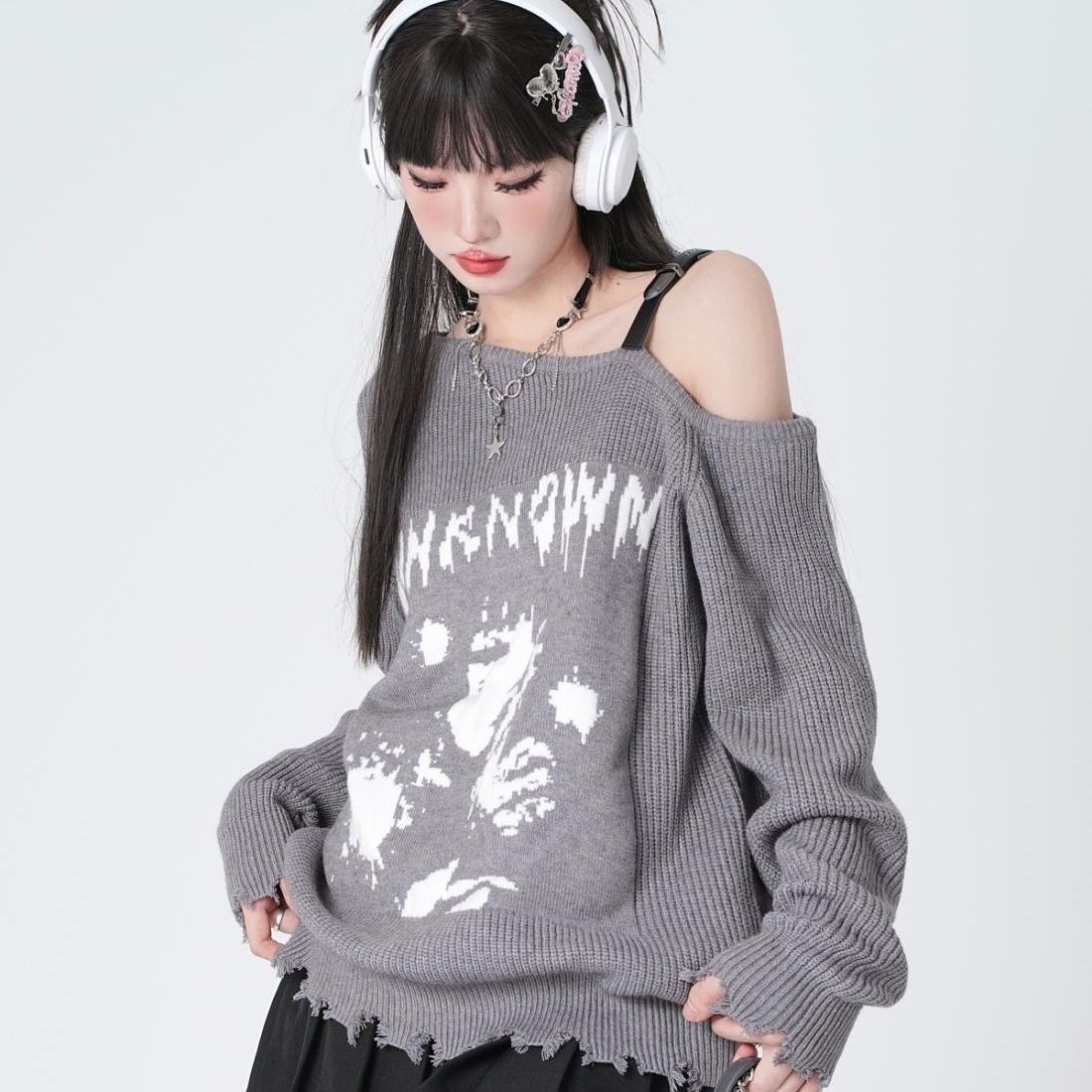 

Y2k Черный женский свитер Аниме Открытые плечи Харадзюку Японская мода Вязаные пуловеры Готический Gyaru Свободный джемпер Осень XL серый
