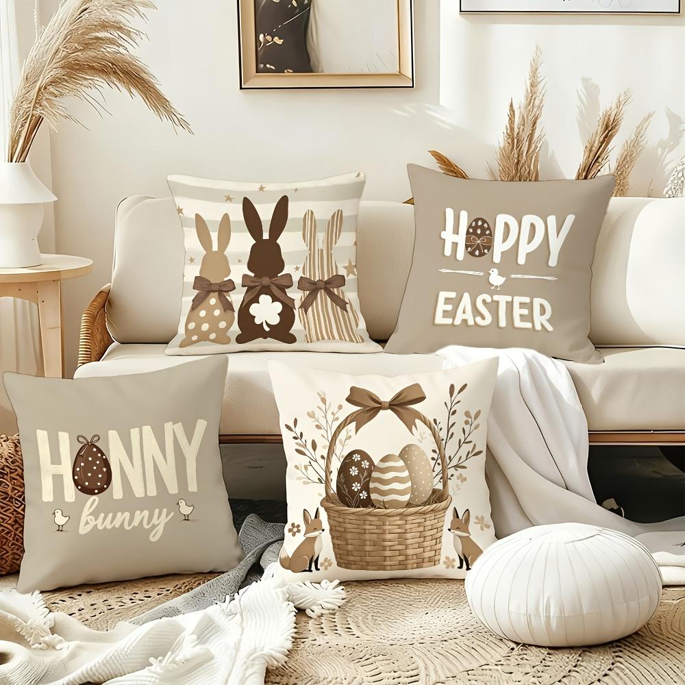 Easter Bunny Pillow Cover Set Happy Easter Honey Bunny Print Soft Cozy For Sofa Bed Living Room Spring Farmhouse Decor Gifts