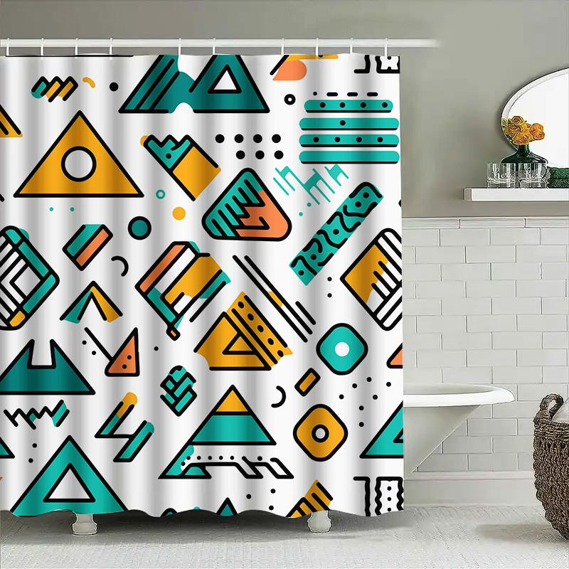 

Modern Retro Geometric Pattern Shower Curtain for Bathroom Decor Waterproof Fabric with Hooks Set in Yellow Orange Blue Green Wh 90x180cm