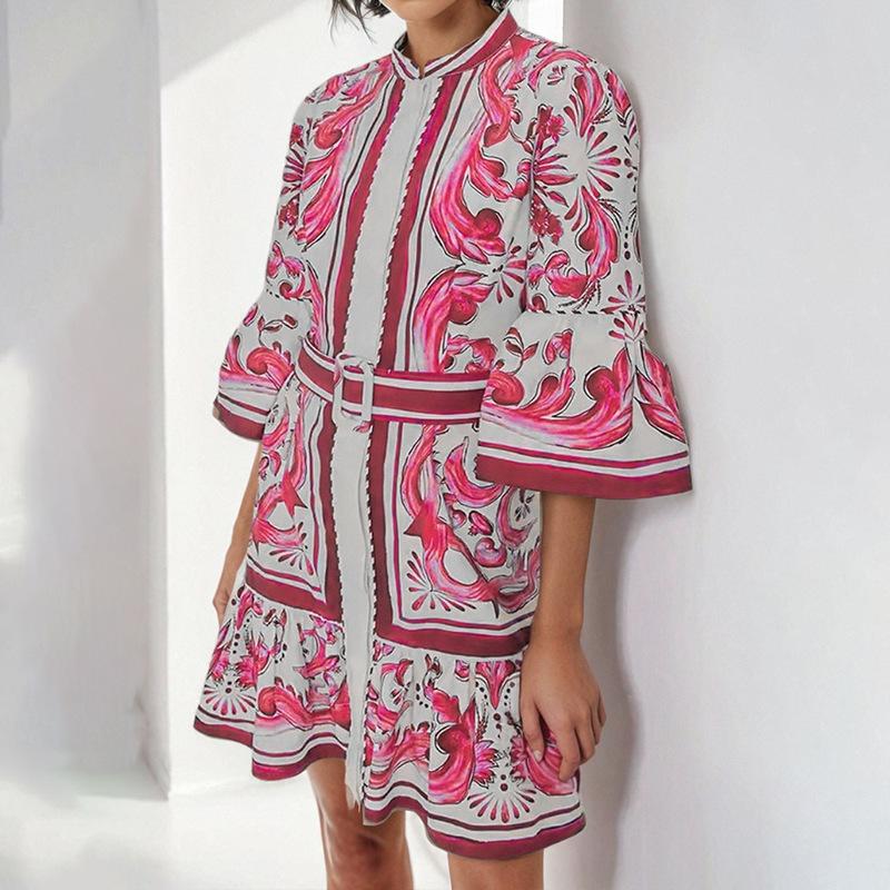 

Новое женское французское ретро платье с принтом, облегающее талию, с рукавами-фонариками, весеннее платье для женщин S розовый