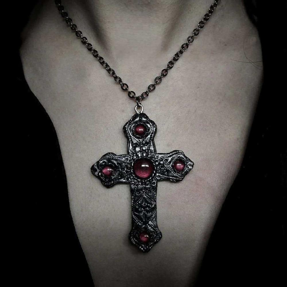 Gothic Retro Inlay Red Opal Large Cross Pendant Necklace for Women Halloween Party Vampire Collar Chain Jewelry Accessories Gift