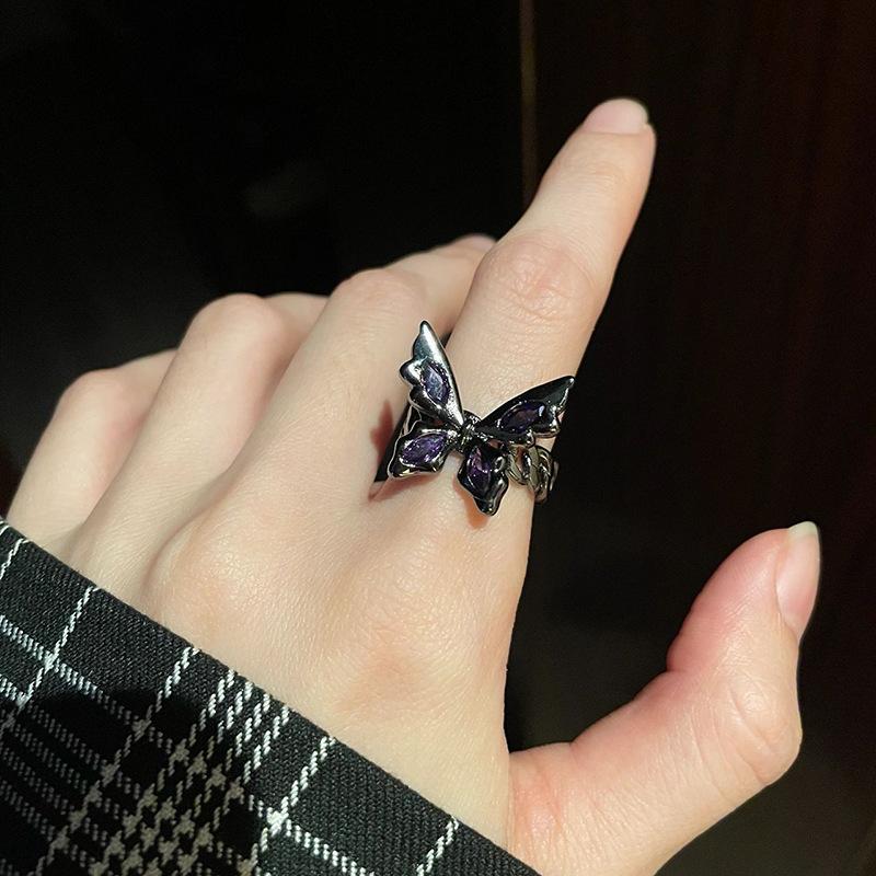 Niche Design Sense Dark Wind Butterfly Diamond Zircon High Sense Punk Retro Personality Trendy Cool Female Index Finger Ring