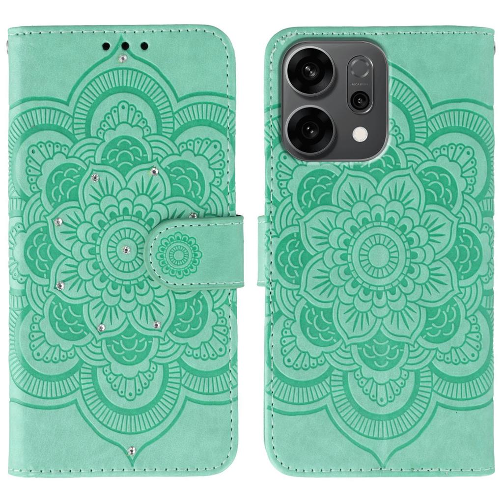 For Oppo Reno14 5G (Global) Case Rhinestone Decor PU Leather Mandala Imprinted Design Phone Cover with Wrist Strap