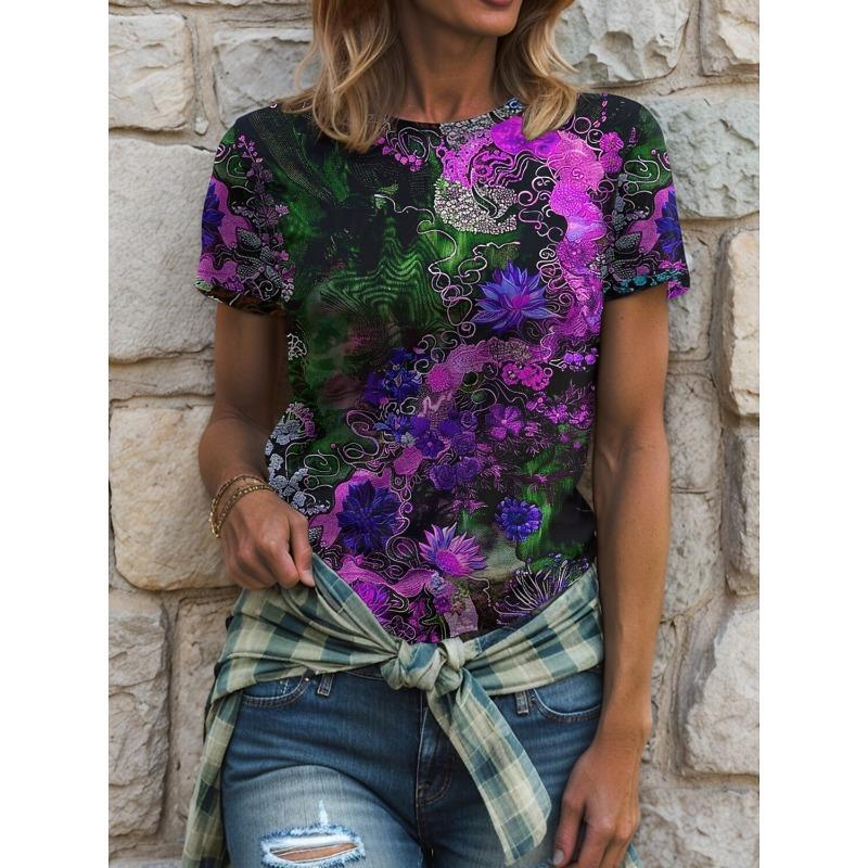 Retro Floral Print Damen T-Shirt Sommer Locker Lässig Kurzarm Tees Oberteile Kleidung Mehrere Stile und Größen zur Auswahl