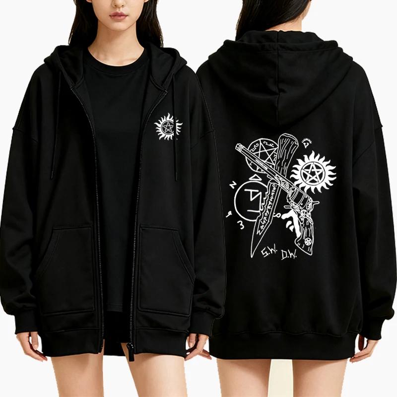 Pentagram Printed Zipper Hoodie Autumn Winter Women Casual Vintage Oversize Fashion Long Sleeve Fleece Sweatshirts