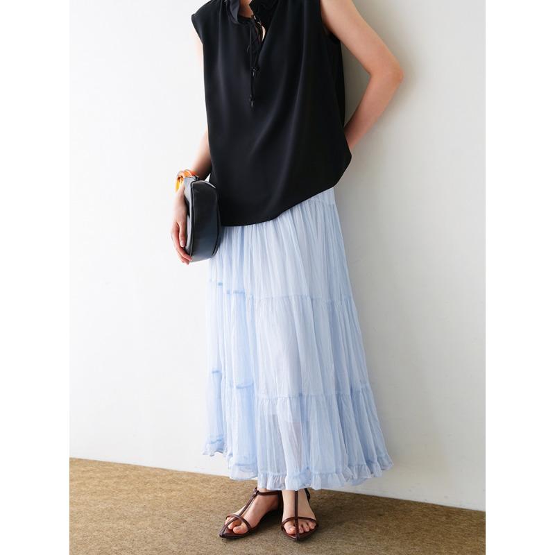 DIMANAF 2026 Summer Women New Skirts Solid Elastic Waist Pleated Mesh Elegant Skirts Yellow