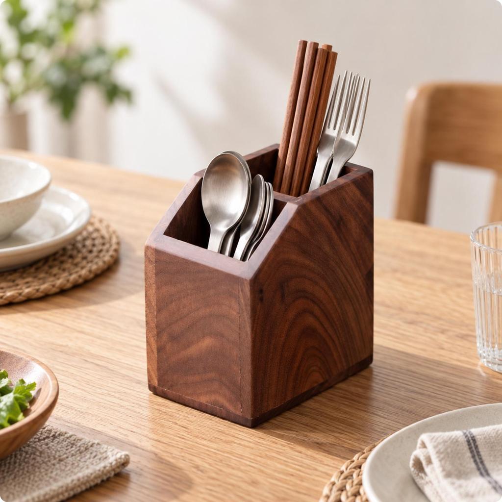 Wooden Chopstick Holder with Two Compartments Angled Edges Walnut Cooking Tool