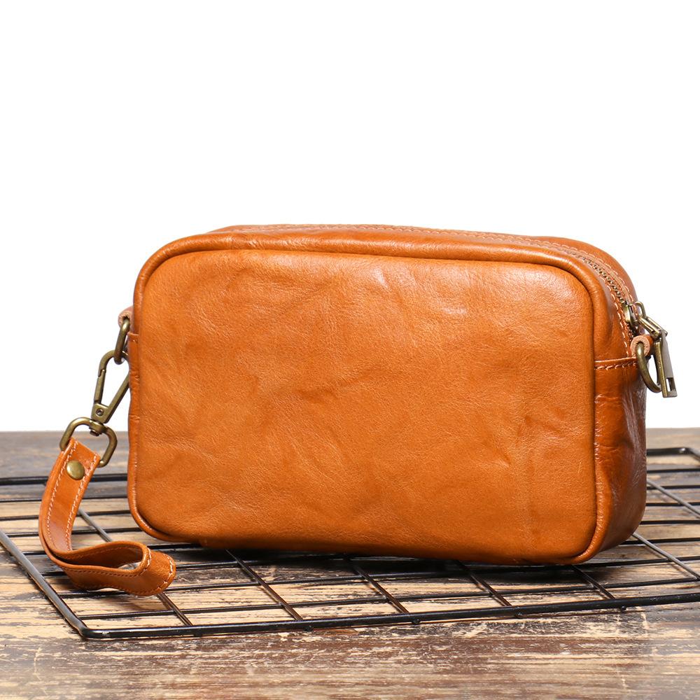 Retro Simple Men'S Bag Vegetable Tanned Leather Shoulder Bag Cowhide Trend Messenger Bag Genuine Leather Women'S Small Square Bag Steamed Bread Bag
