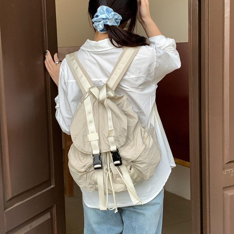 Flip Pull Rope Pleated Backpack Simple Female College Student Schoolbag Casual Buckle Large Capacity Backpack