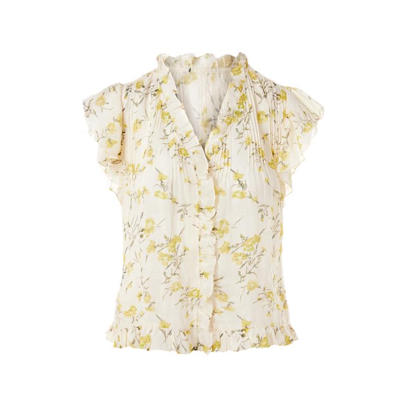 Langzi Floral V-Neck Ramie Blend Shirt M лаймово-желтый