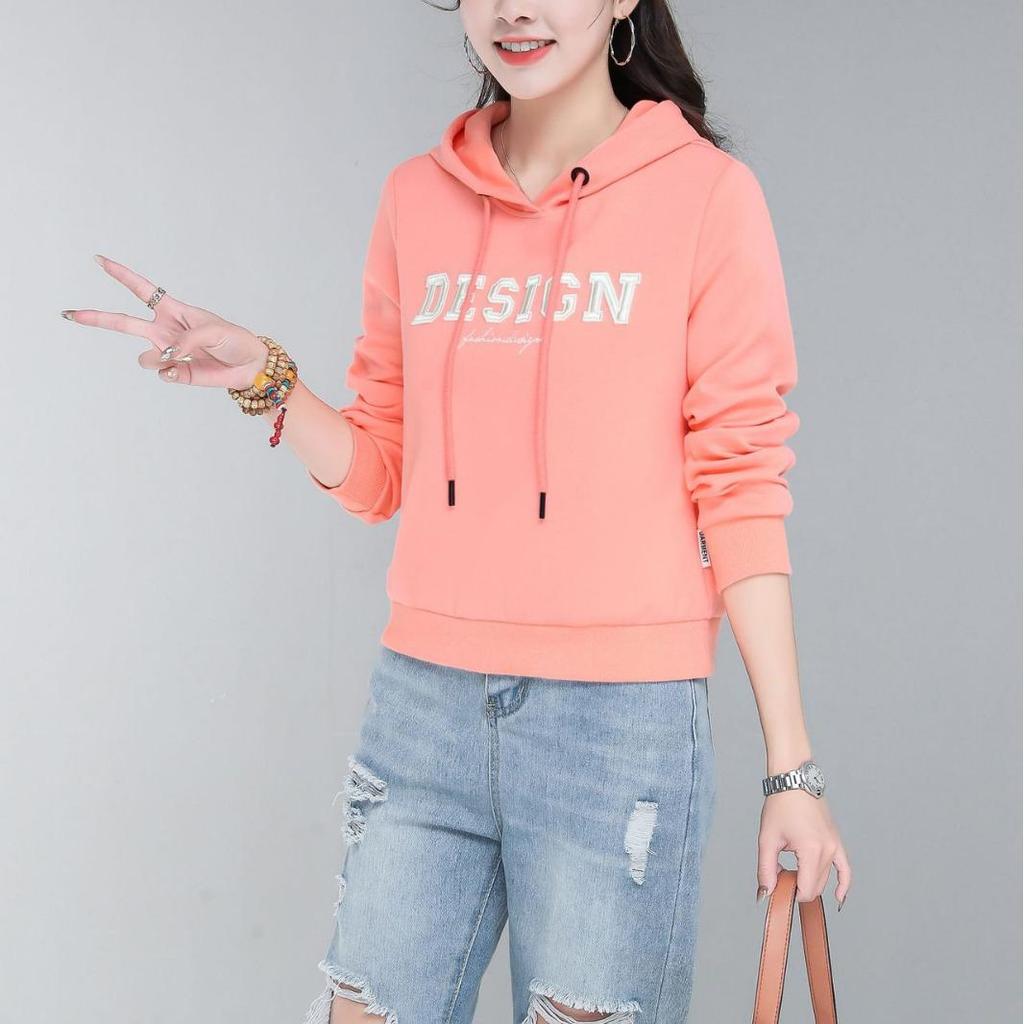 Women's Red Hooded Slimming Sweatshirt with Letter Embroidery - 2026 Autumn Collection, Long Sleeve Short Pullover